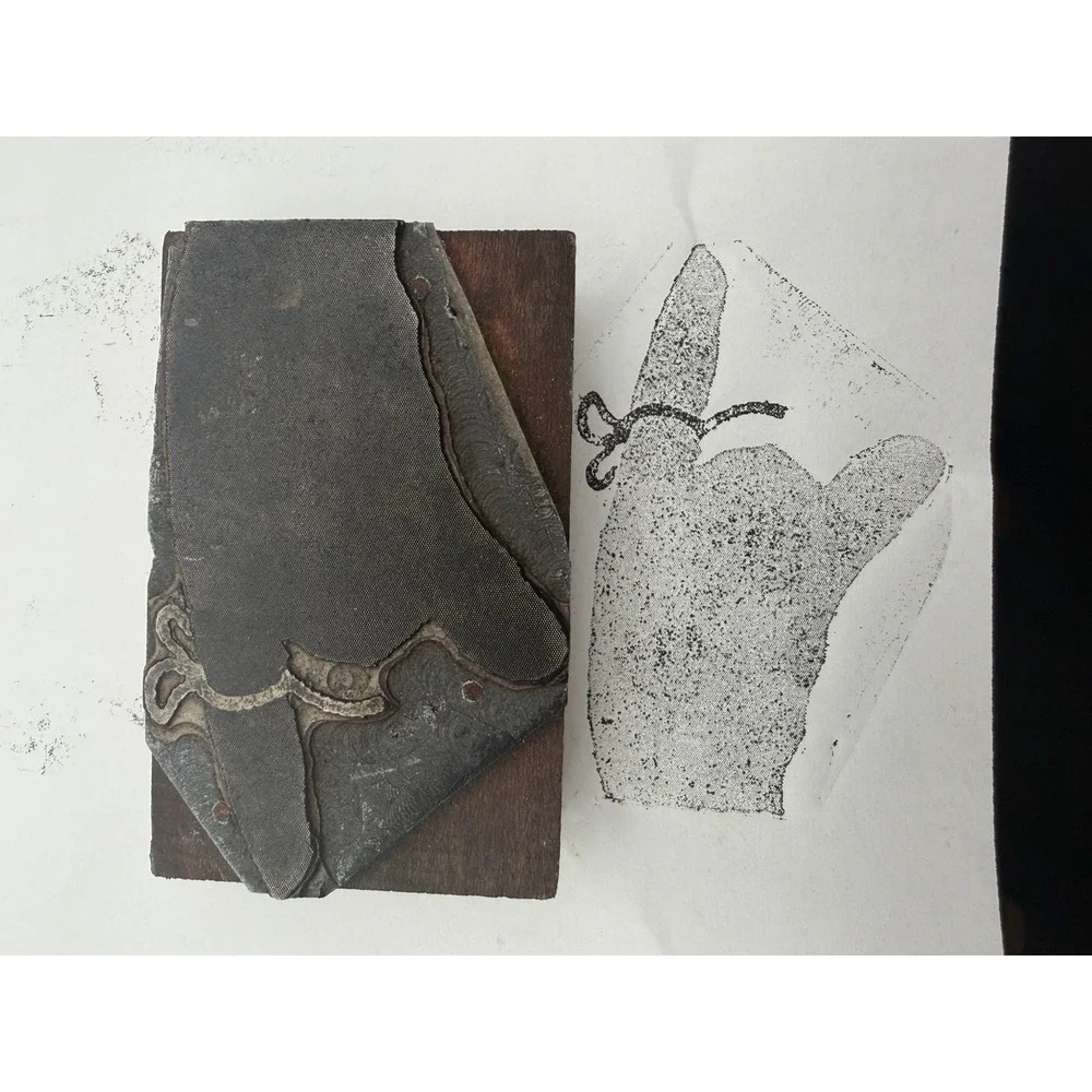 Vintage Wood Mounted Metal Printing Block Hand With String Relief Letterpress